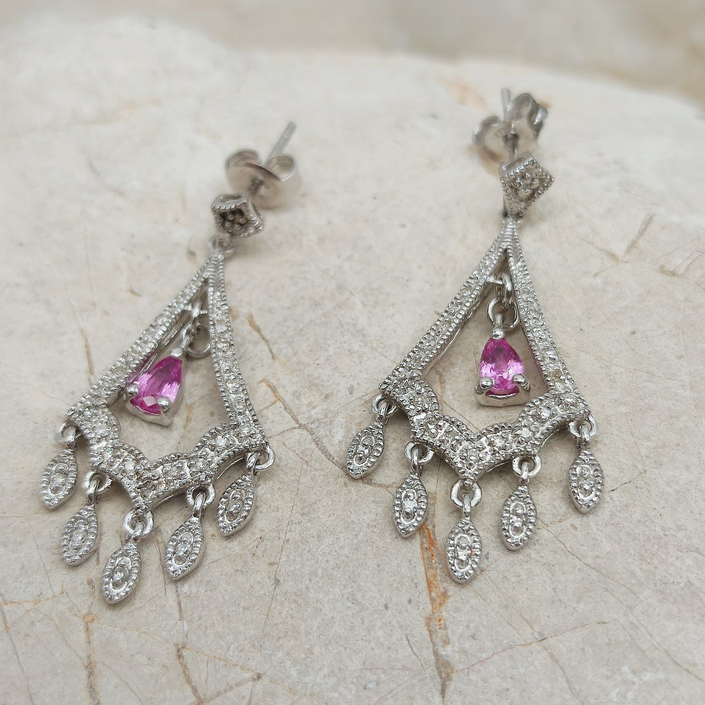 9ct White Gold Diamond and Pink Sapphire Chandelier Earrings
