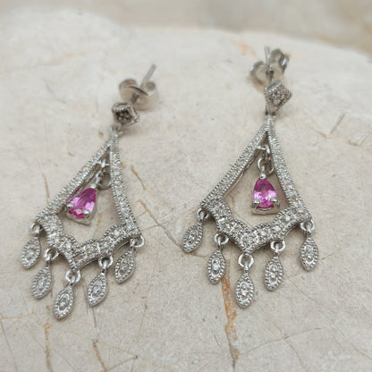 9ct White Gold Diamond and Pink Sapphire Chandelier Earrings