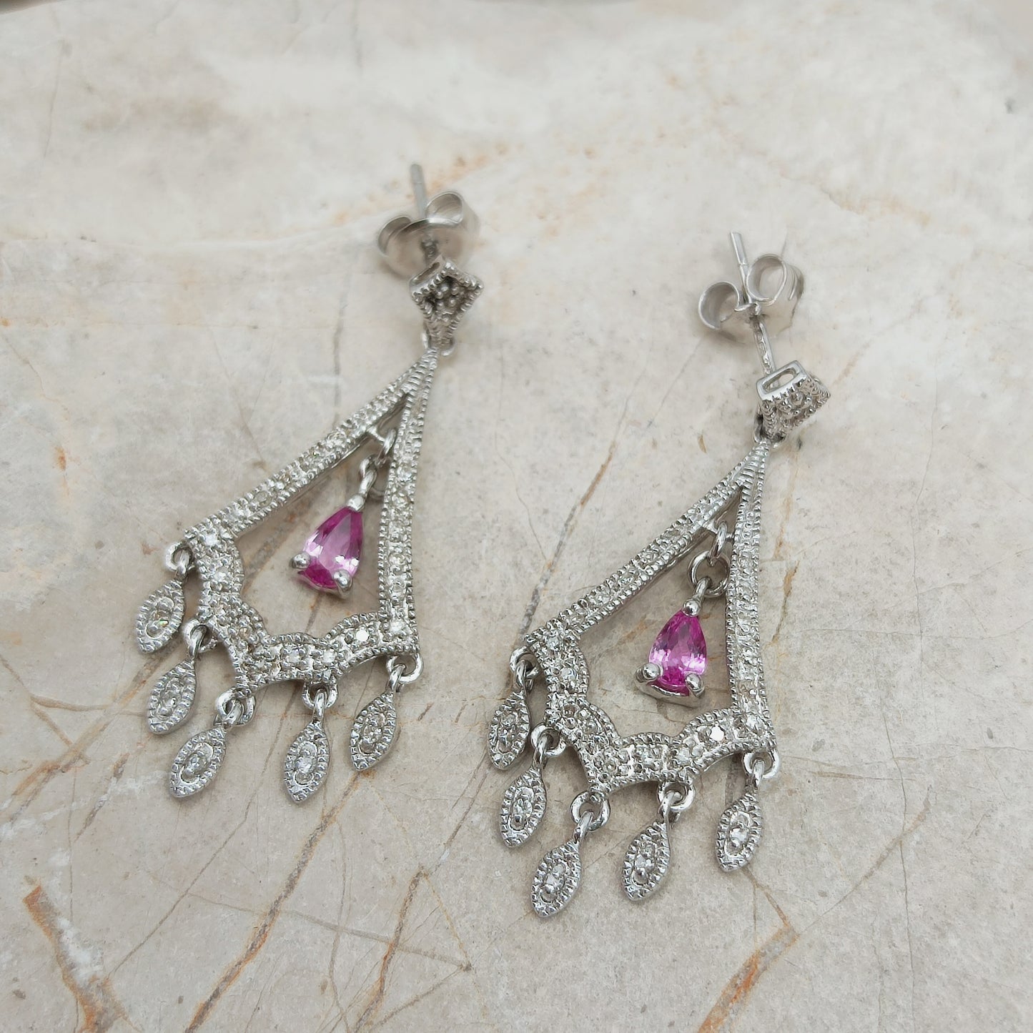 9ct White Gold Diamond and Pink Sapphire Chandelier Earrings