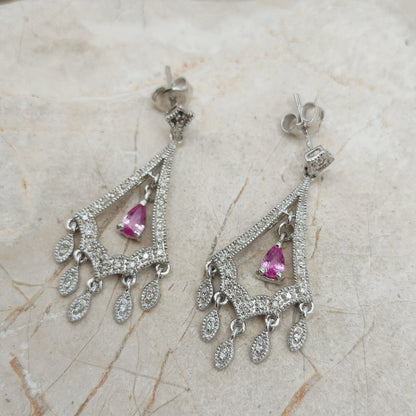 9ct White Gold Diamond and Pink Sapphire Chandelier Earrings