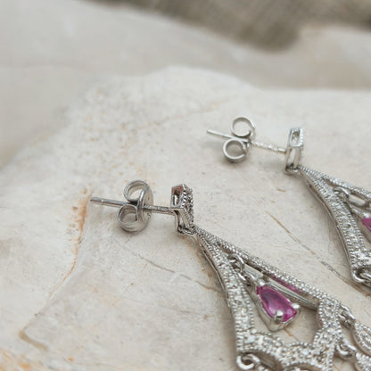 9ct White Gold Diamond and Pink Sapphire Chandelier Earrings