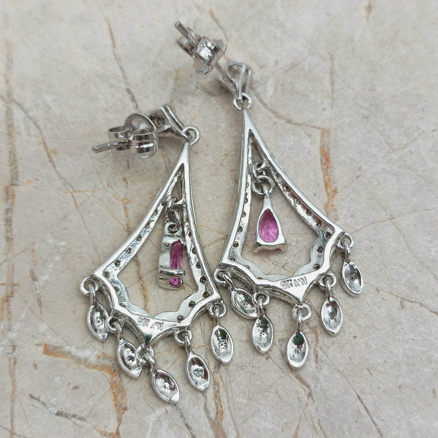 9ct White Gold Diamond and Pink Sapphire Chandelier Earrings