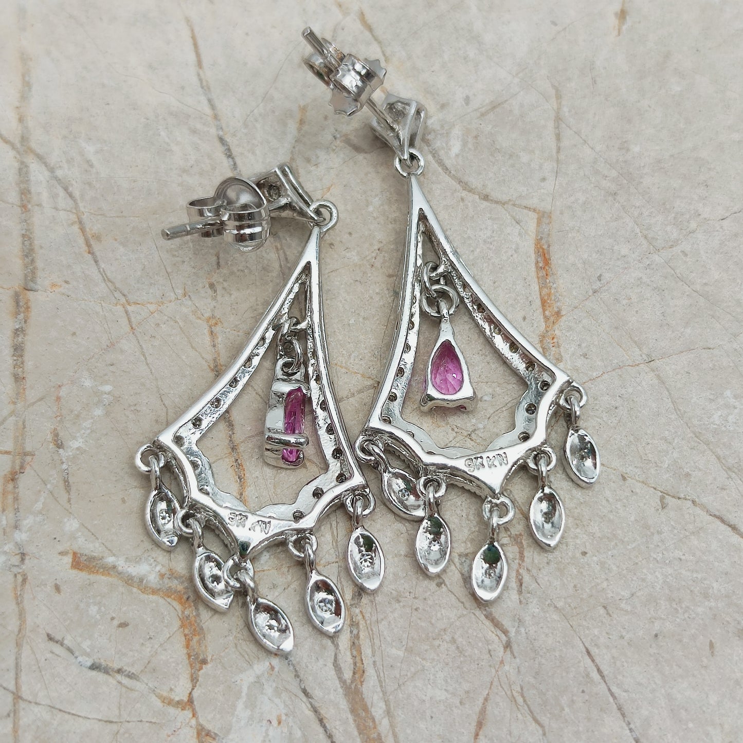 9ct White Gold Diamond and Pink Sapphire Chandelier Earrings
