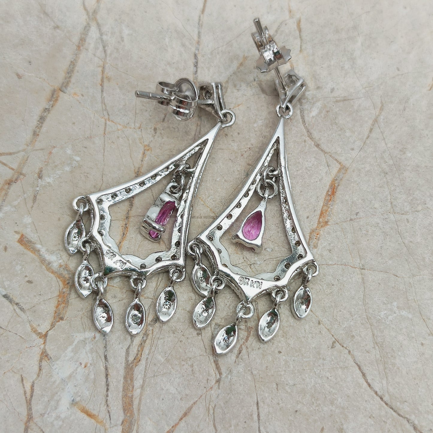 9ct White Gold Diamond and Pink Sapphire Chandelier Earrings