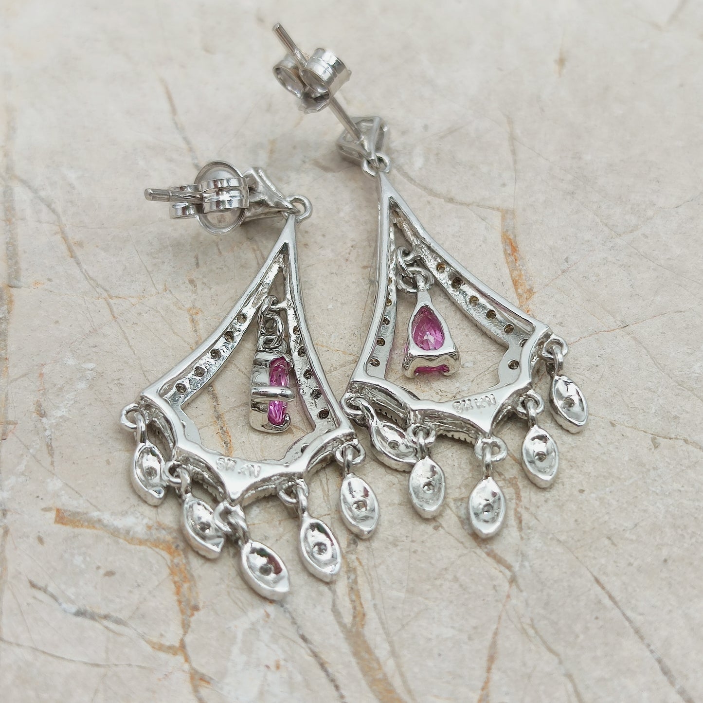 9ct White Gold Diamond and Pink Sapphire Chandelier Earrings
