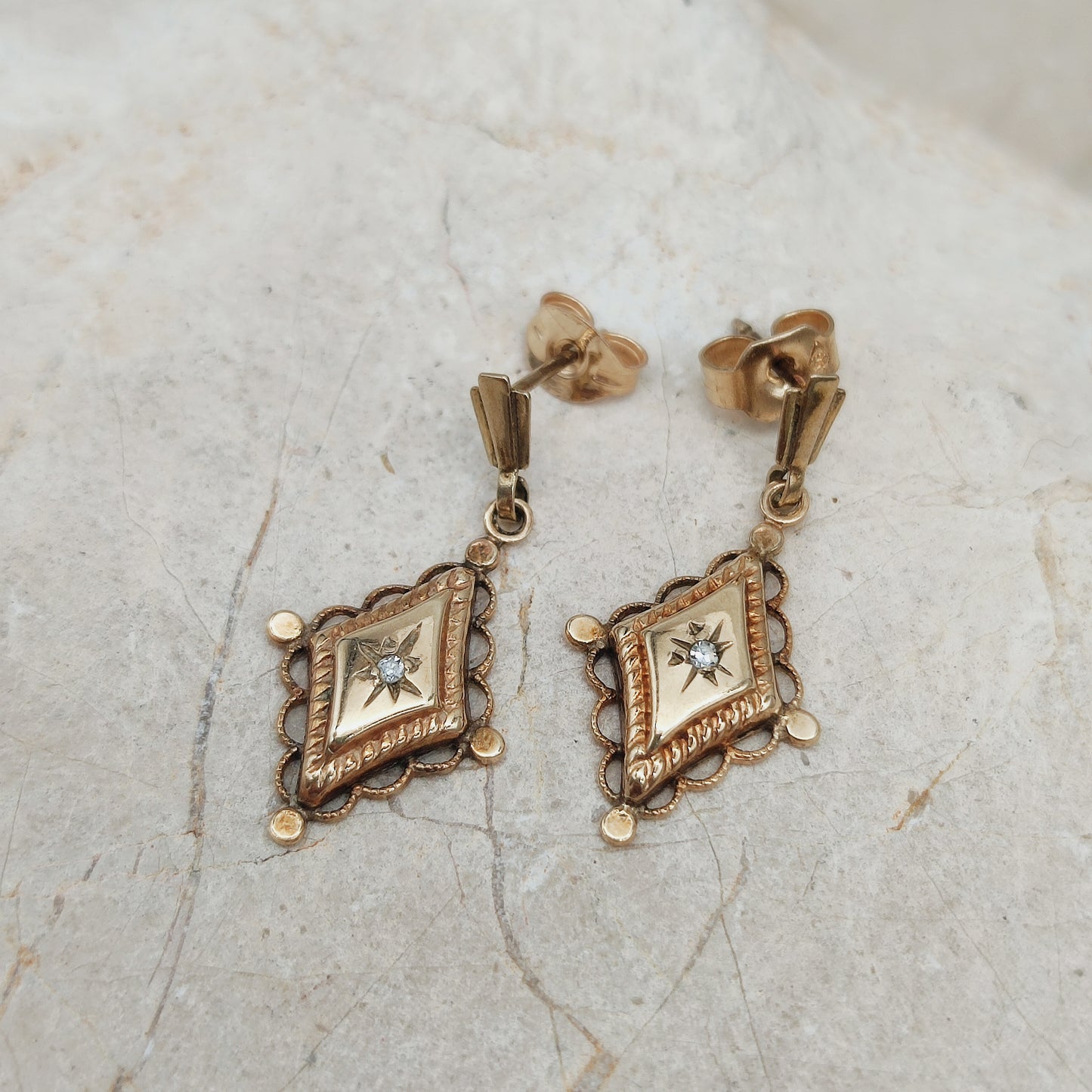 Antique 9ct Gold star set Diamond Drop Earrings – circa 1900