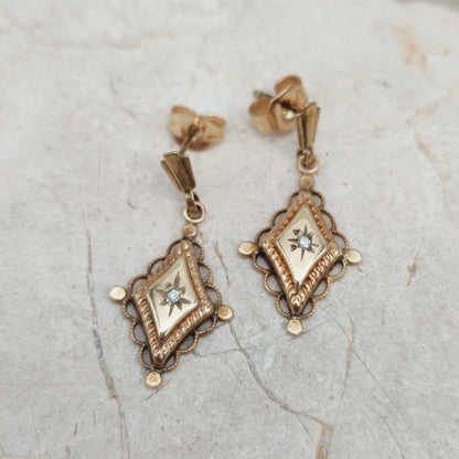 Antique 9ct Gold star set Diamond Drop Earrings – circa 1900