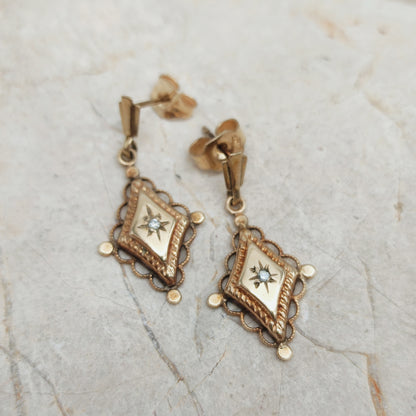 Antique 9ct Gold star set Diamond Drop Earrings – circa 1900