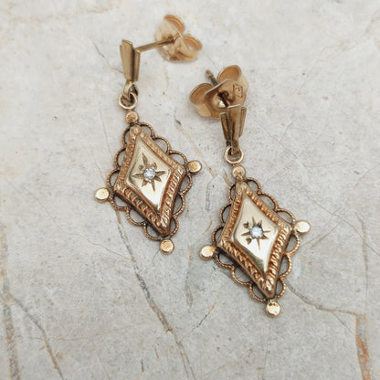 Antique 9ct Gold star set Diamond Drop Earrings – circa 1900