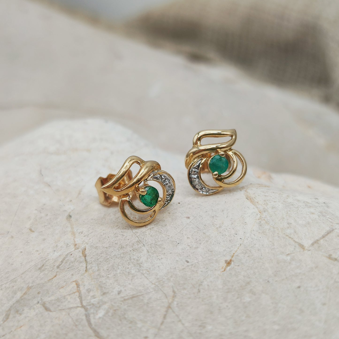 Vintage 18ct Gold Emerald and Diamond Stud Earrings