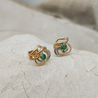 Vintage 18ct Gold Emerald and Diamond Stud Earrings