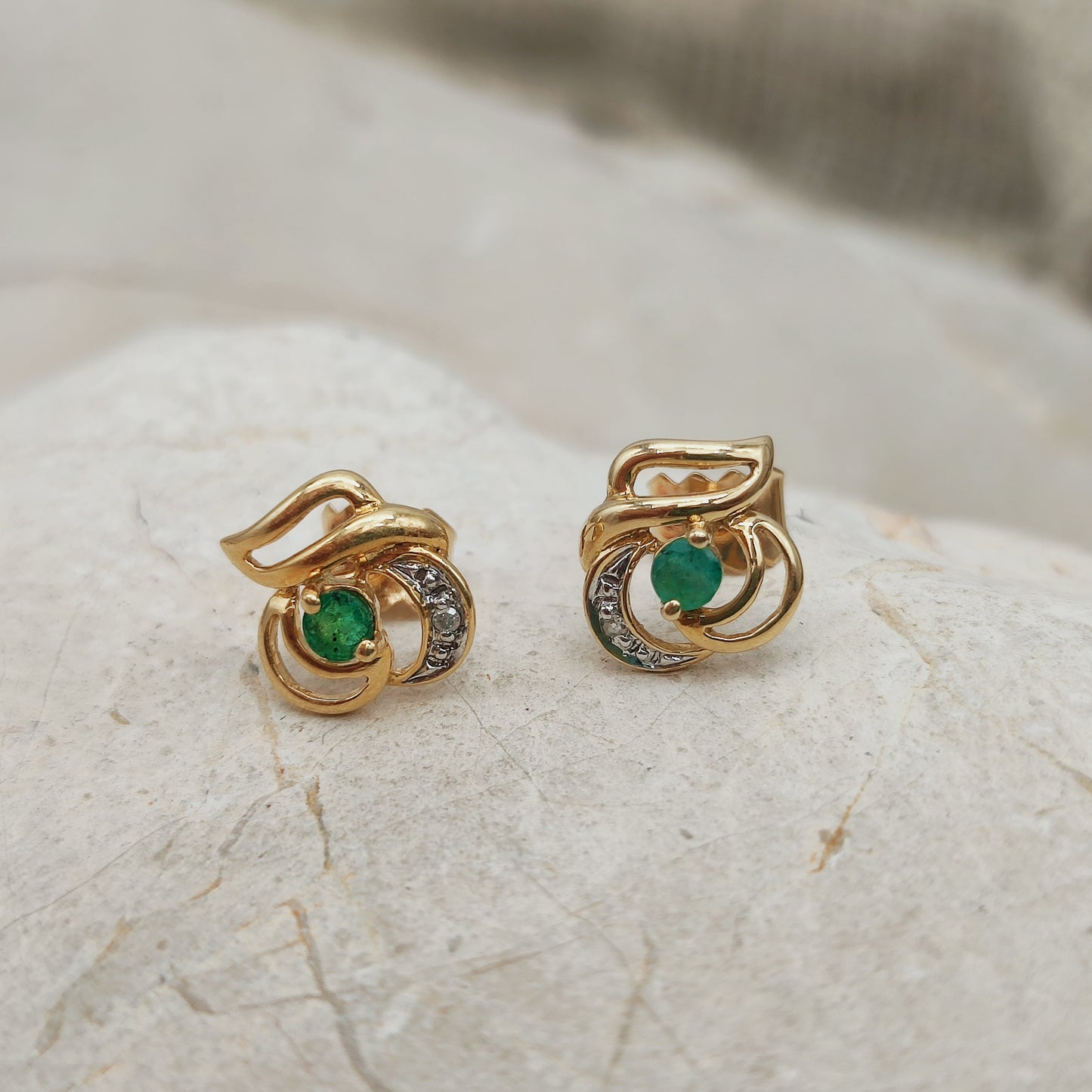 Vintage 18ct Gold Emerald and Diamond Stud Earrings