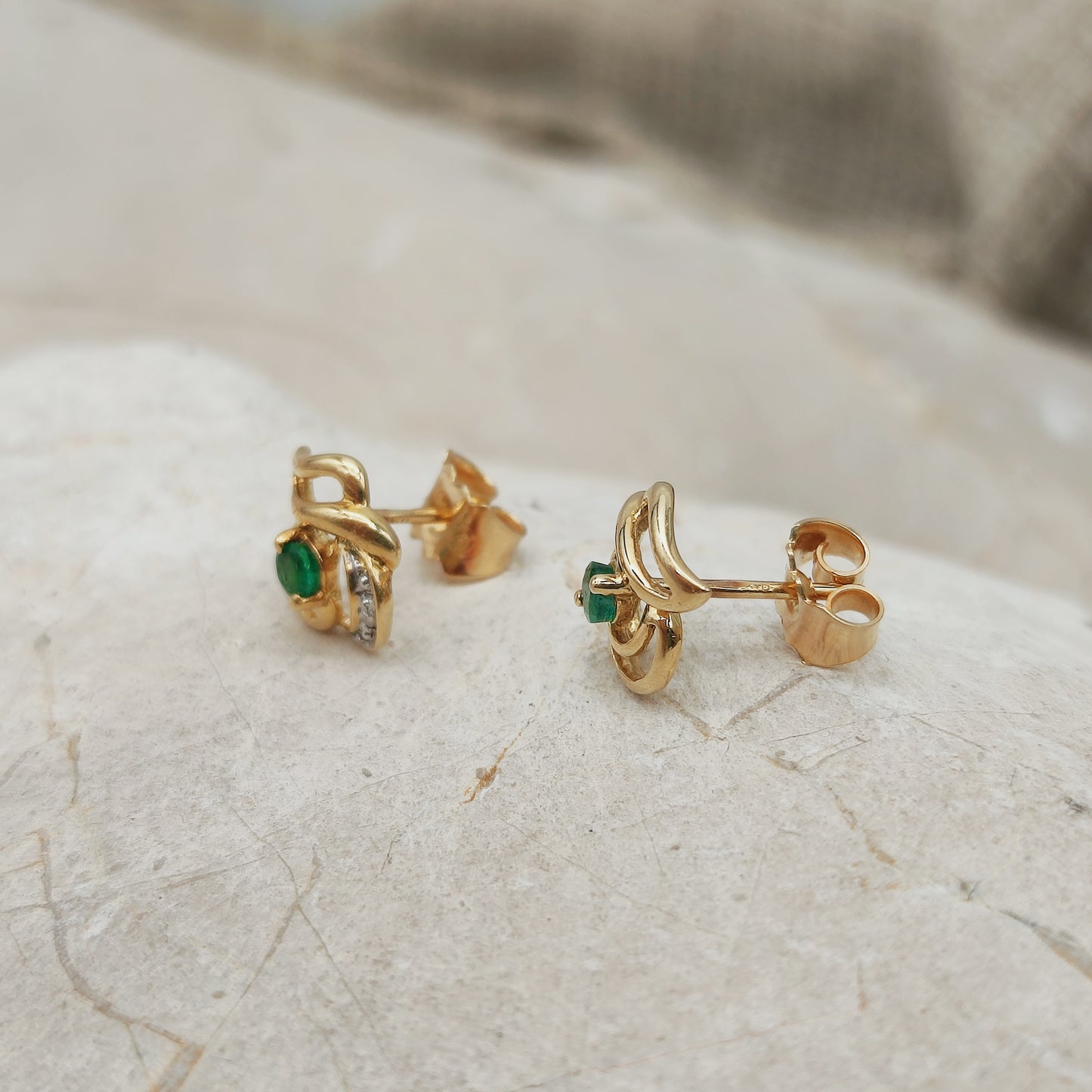 Vintage 18ct Gold Emerald and Diamond Stud Earrings