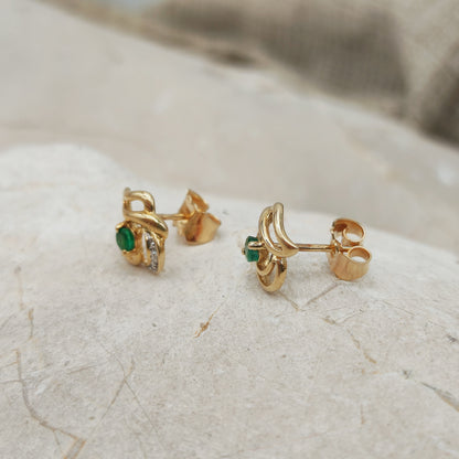Vintage 18ct Gold Emerald and Diamond Stud Earrings