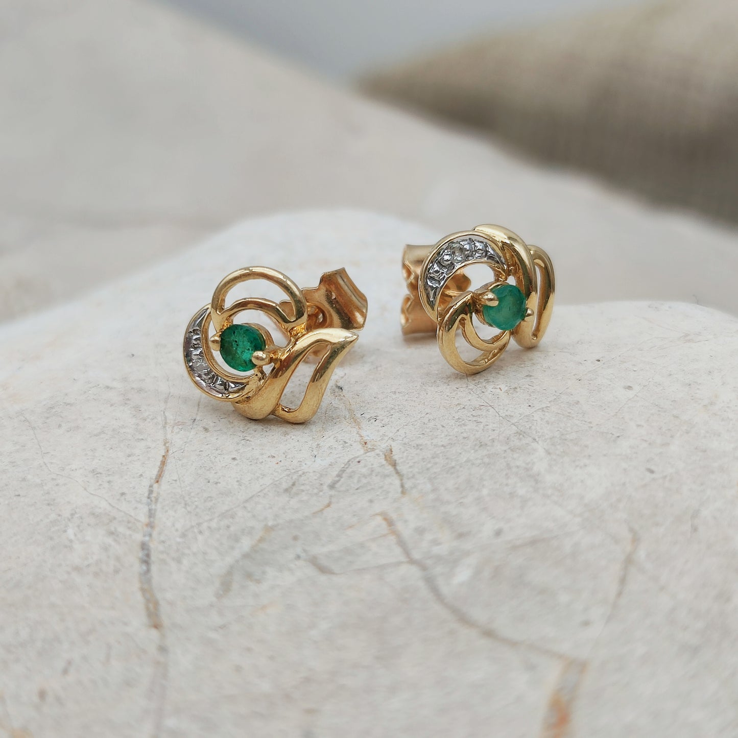 Vintage 18ct Gold Emerald and Diamond Stud Earrings