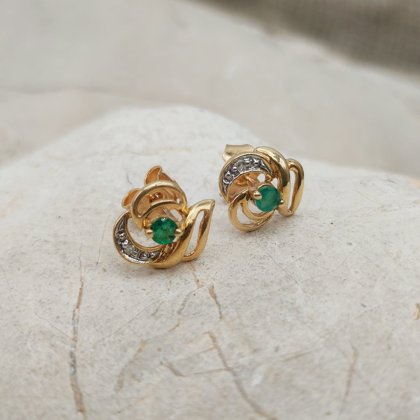 Vintage 18ct Gold Emerald and Diamond Stud Earrings