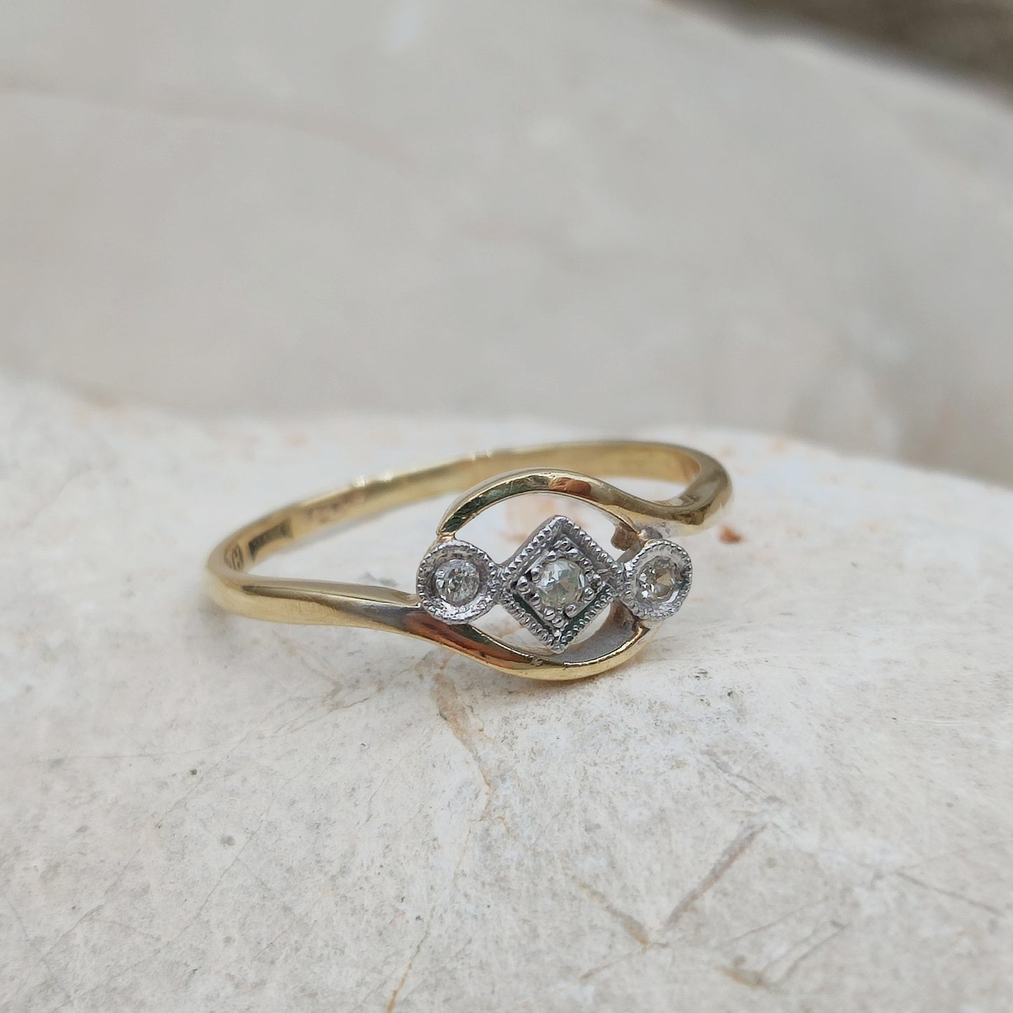 Antique Edwardian Three Stone Diamond Crossover Ring in 18k Gold and Platinum