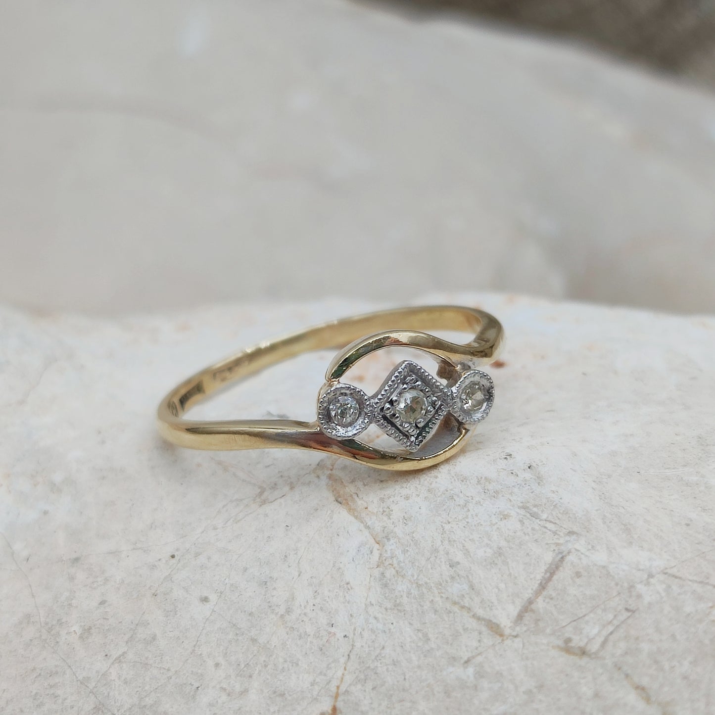 Antique Edwardian Three Stone Diamond Crossover Ring in 18k Gold and Platinum