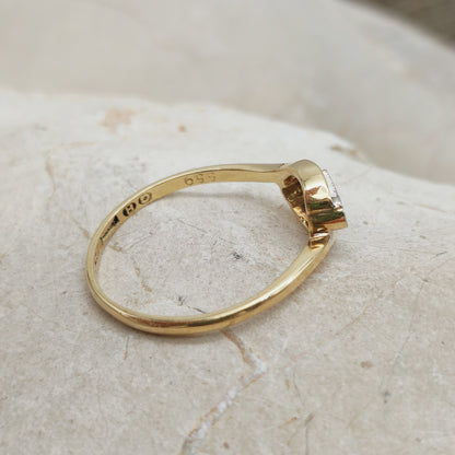 Antique Edwardian Three Stone Diamond Crossover Ring in 18k Gold and Platinum