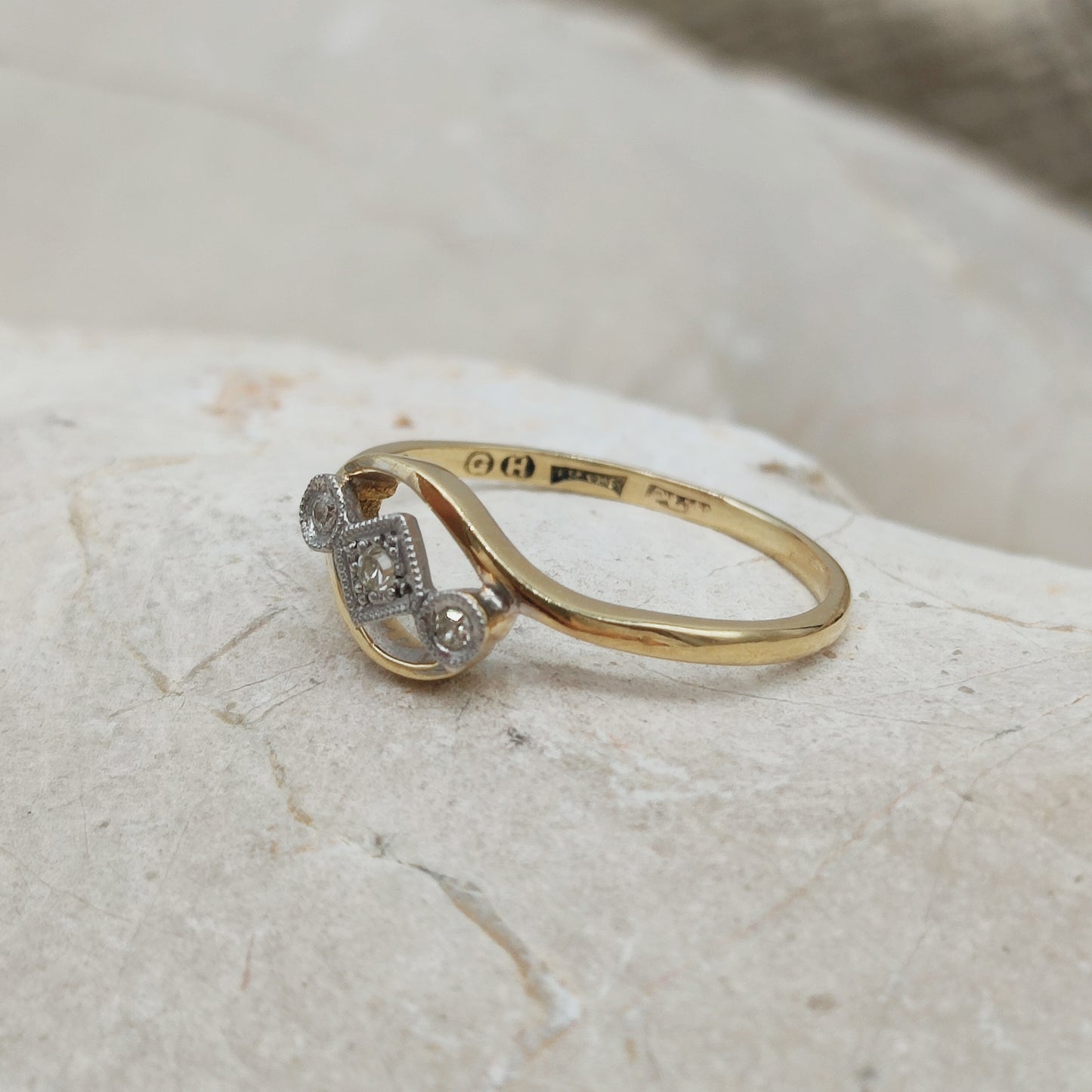 Antique Edwardian Three Stone Diamond Crossover Ring in 18k Gold and Platinum