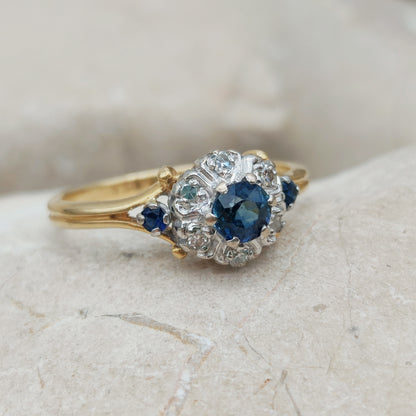 Vintage Sapphire Diamond Cluster Ring in 18K Gold