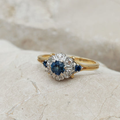 Vintage Sapphire Diamond Cluster Ring in 18K Gold