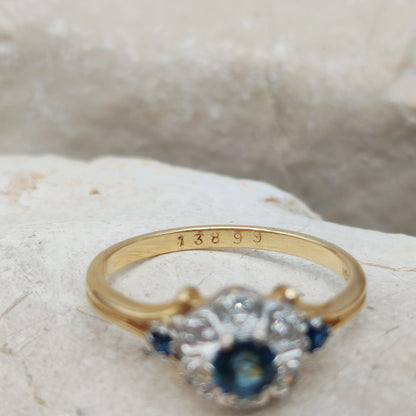 Vintage Sapphire Diamond Cluster Ring in 18K Gold