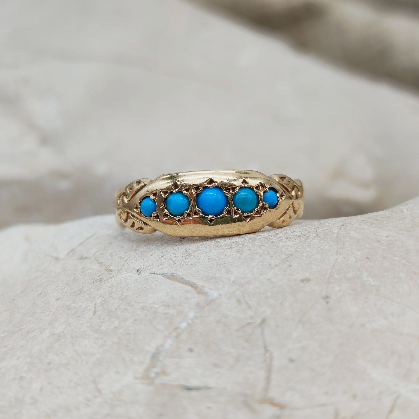 Antique turquoise five stone ring in 18k gold Birmingham 1912 front view