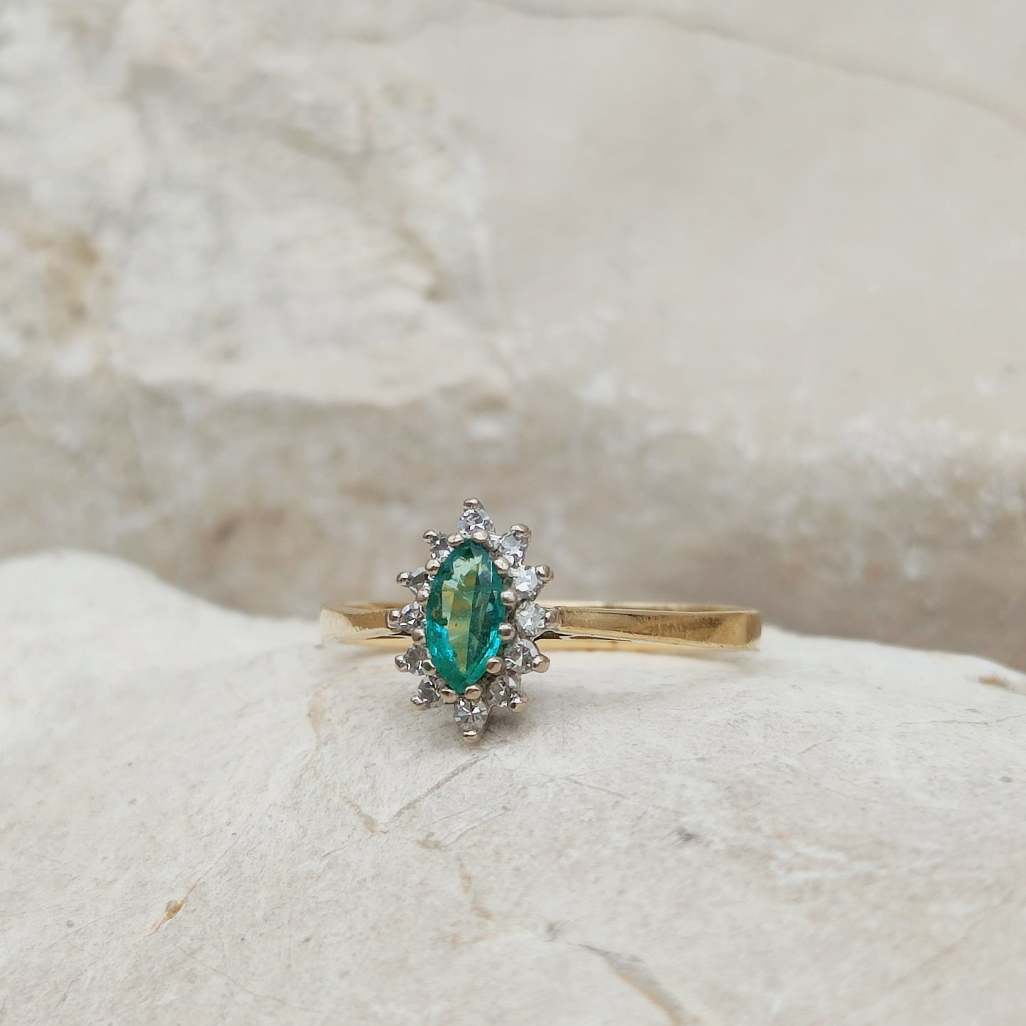 Vintage Emerald and Diamond Cluster Ring 18ct Gold London 1985