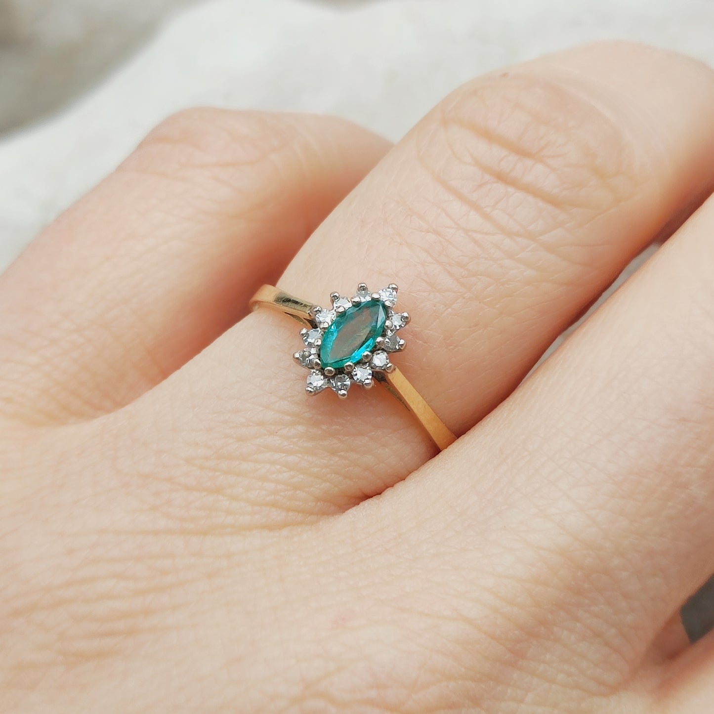 Vintage Emerald and Diamond Cluster Ring 18ct Gold London 1985