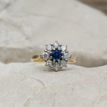 Vintage 18k Gold Sapphire Diamond Daisy Ring – 0.53ct Diamond Cluster