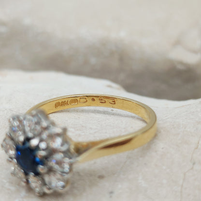 Vintage 18k Gold Sapphire Diamond Daisy Ring – 0.53ct Diamond Cluster
