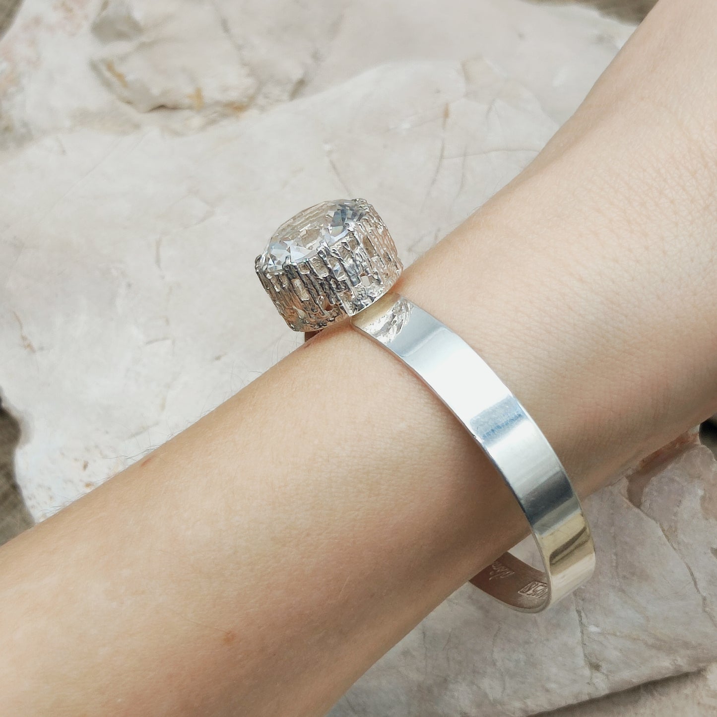 Vintage Swedish Silver Bracelet with Rock Crystal by Åke Lindström for Bengt Hallberg