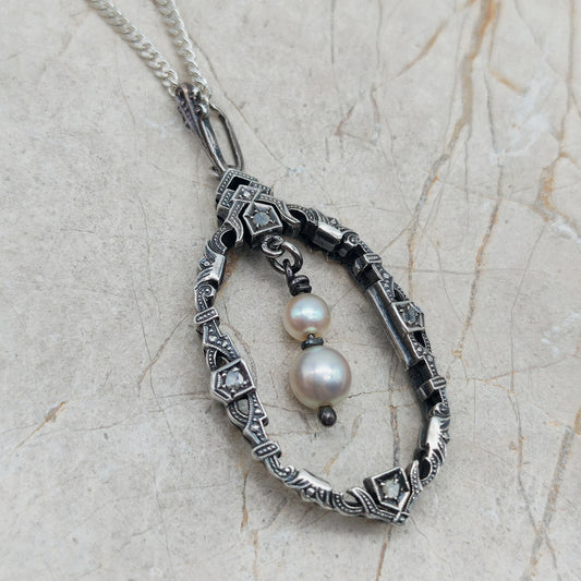 Art Deco zilveren hanger met parels en diamantjes vooraanzicht