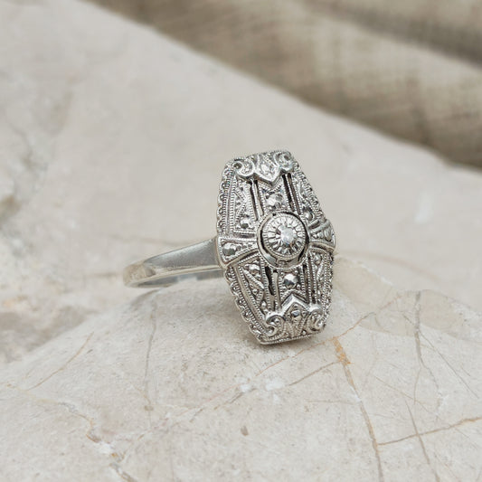 Zilveren Art Deco ring met diamant bovenaanzicht