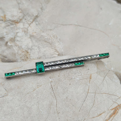 Art Deco Bar Brooch with Green Glass Stones