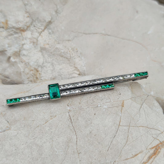 Art Deco Bar Brooch with Green Glass Stones