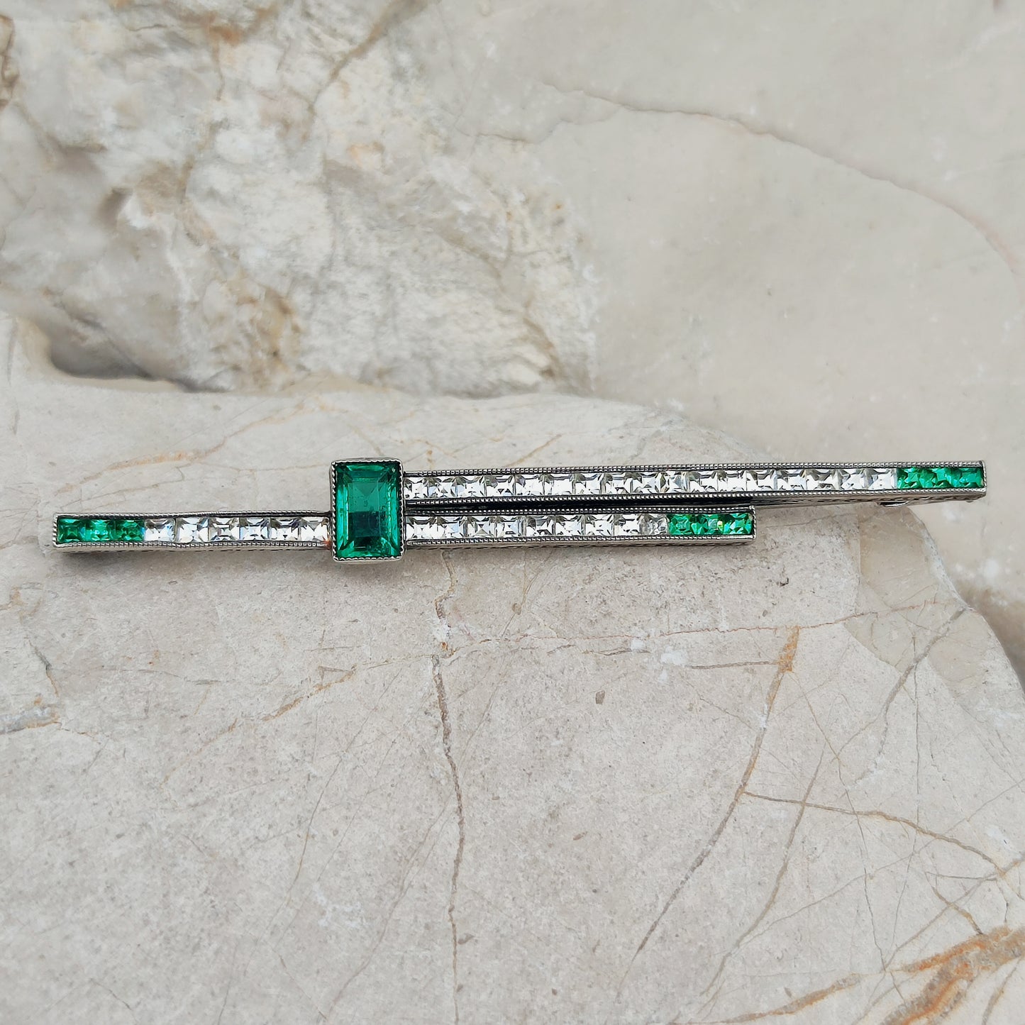 Art Deco Bar Brooch with Green Glass Stones