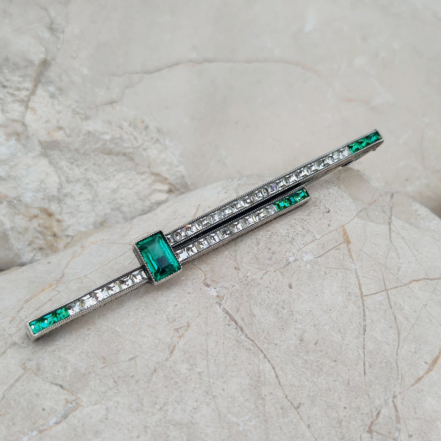 Art Deco Bar Brooch with Green Glass Stones