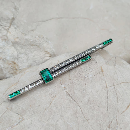 Art Deco Bar Brooch with Green Glass Stones