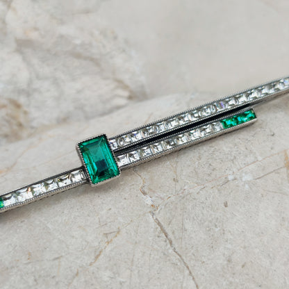 Art Deco Bar Brooch with Green Glass Stones