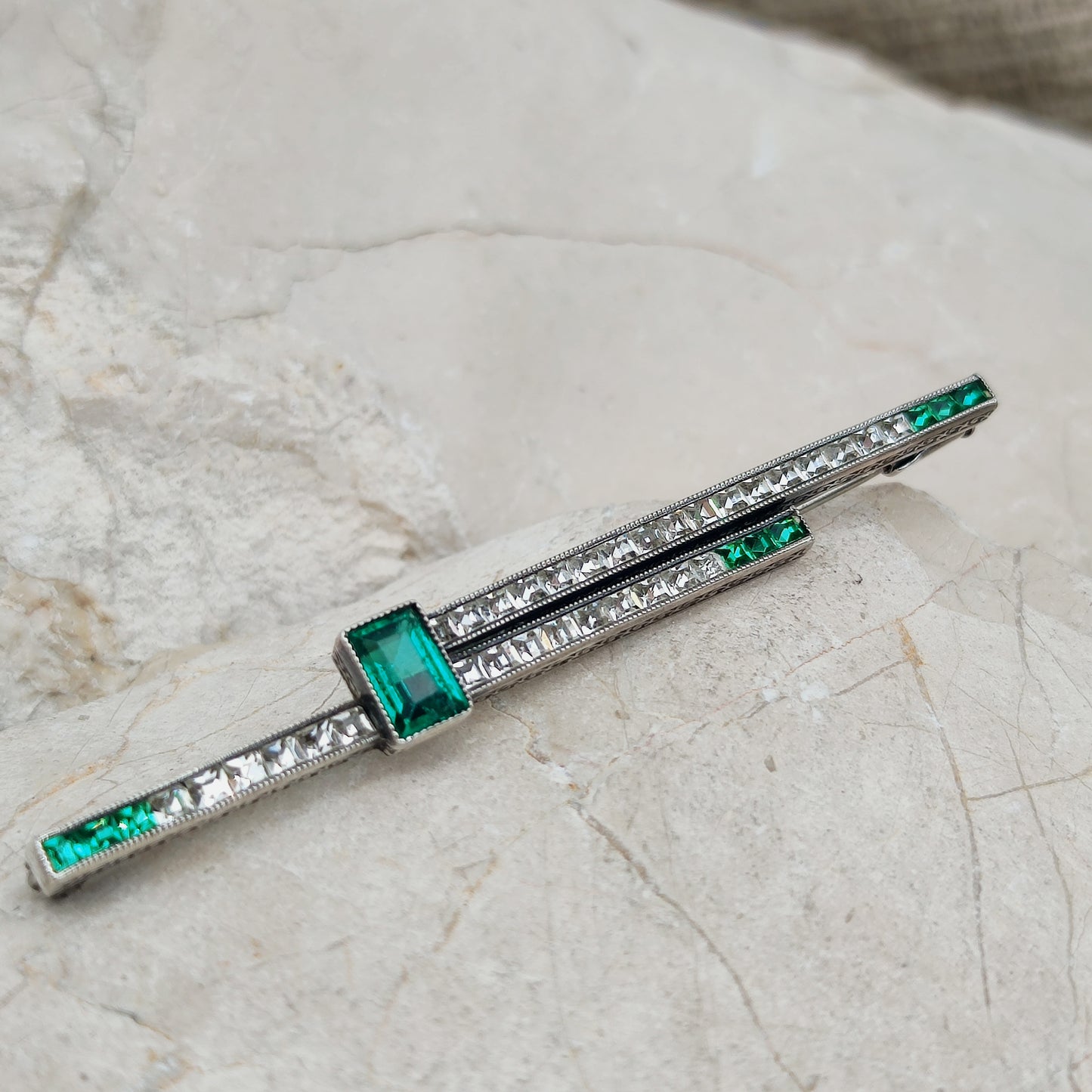 Art Deco Bar Brooch with Green Glass Stones
