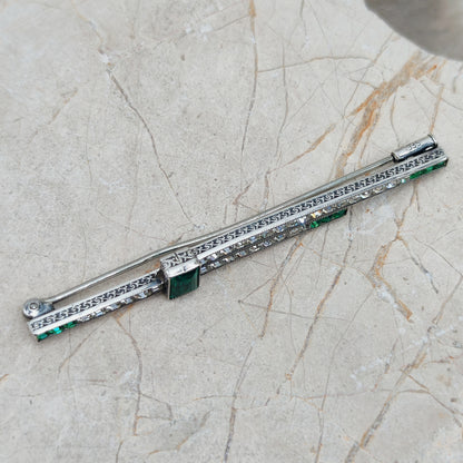 Art Deco Bar Brooch with Green Glass Stones