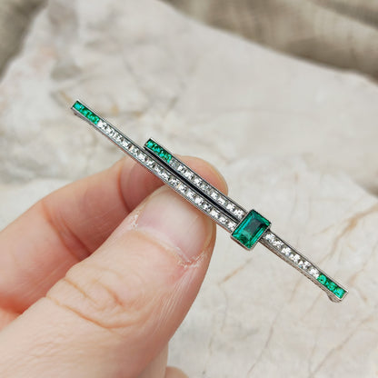 Art Deco Bar Brooch with Green Glass Stones