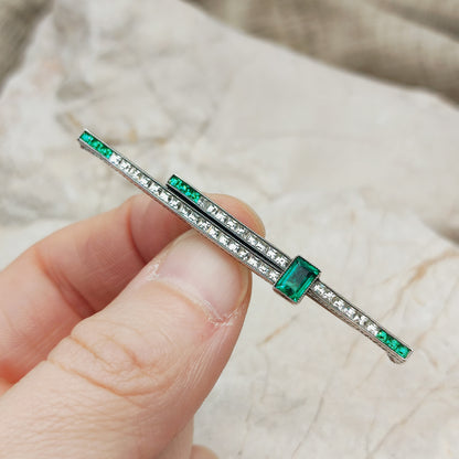Art Deco Bar Brooch with Green Glass Stones