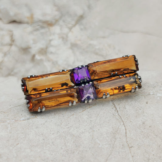 Art Deco zilveren broche met citrien en amethist frontaal zicht