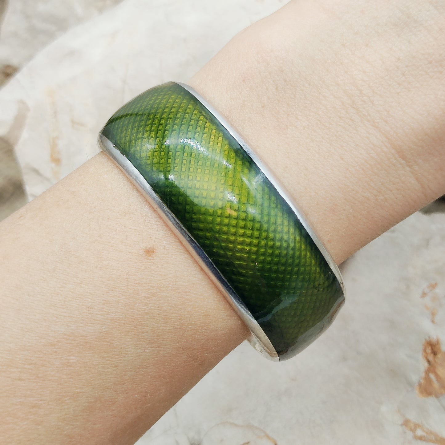 Vintage Gori Italian Sterling Silver Green Guilloché Enamel Cuff Bracelet