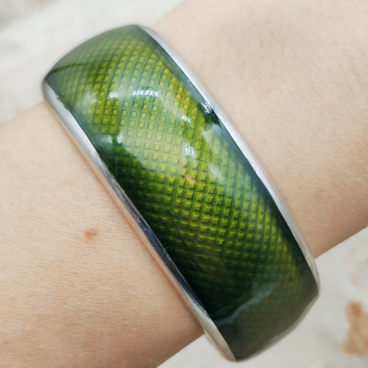 Vintage Gori Italian Sterling Silver Green Guilloché Enamel Cuff Bracelet