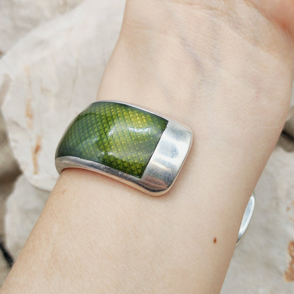 Vintage Gori Italian Sterling Silver Green Guilloché Enamel Cuff Bracelet