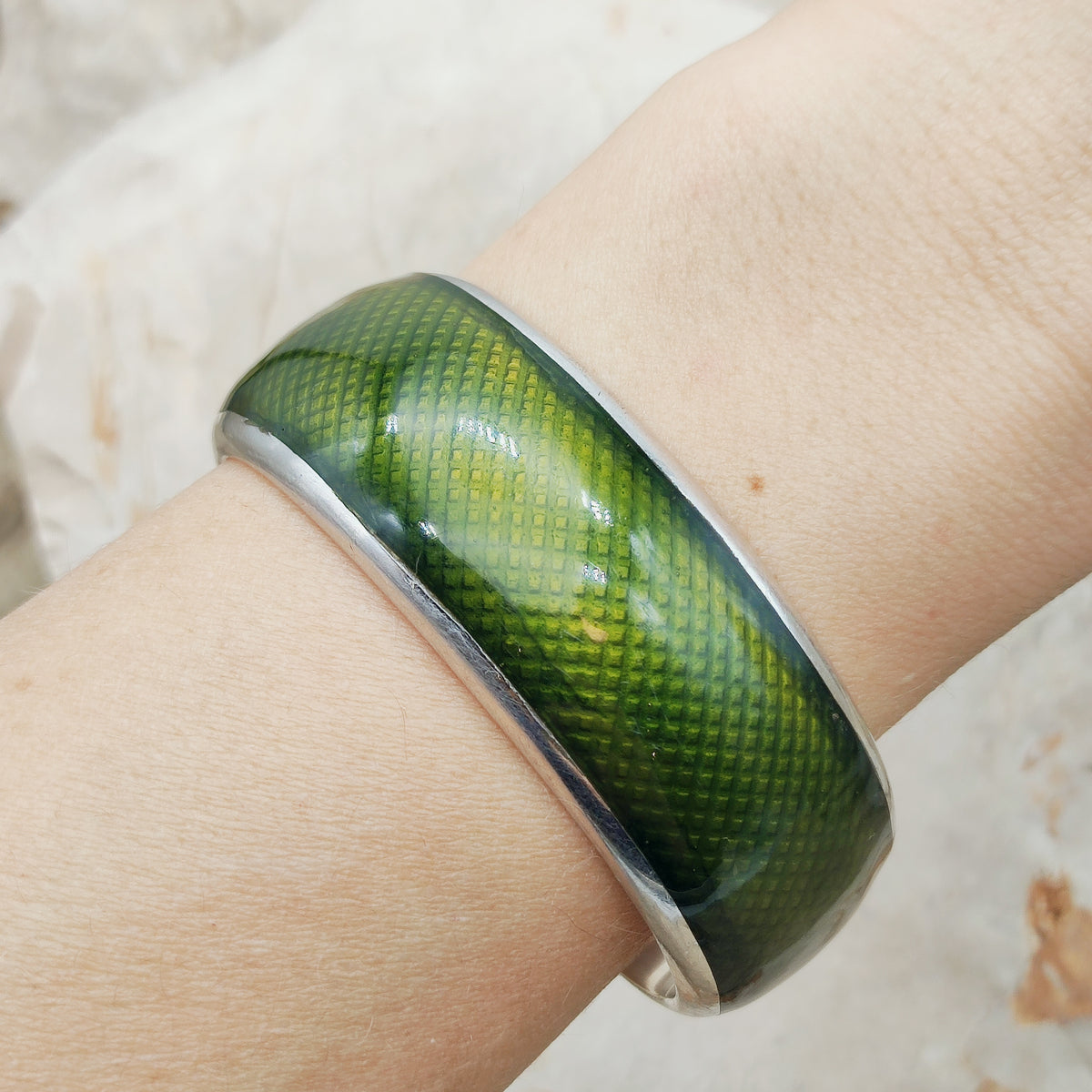 Vintage Gori Italian Sterling Silver Green Guilloché Enamel Cuff Bracelet
